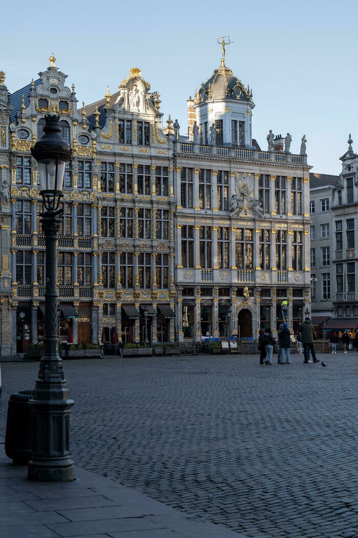 Historic European buildings with intricate gold architectural feats captured in a city square during daylight.