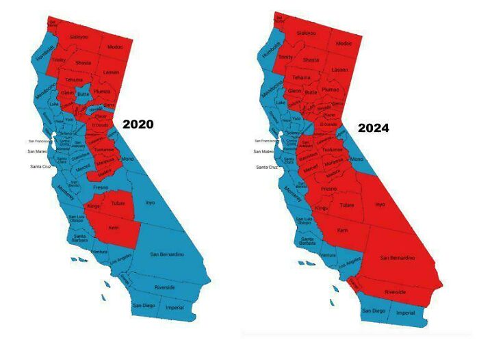California maps showing district changes from 2020 to 2024, not found in standard geography textbooks.