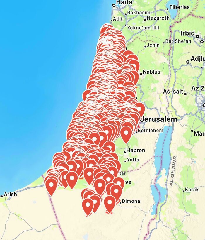 Map with numerous red location markers in Israel, showing geography not typically seen in textbooks.