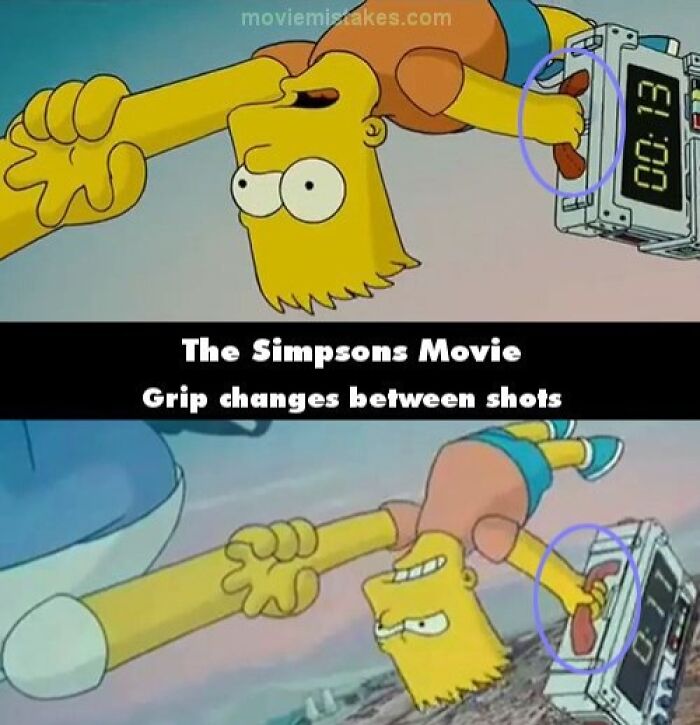 Bart Simpson's grip on b**b differs between shots in a funny movie mistake from The Simpsons Movie.