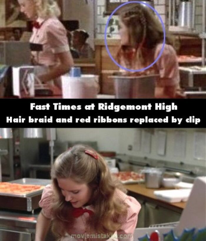Continuity error in "Fast Times at Ridgemont High" with changing hairstyle, showcasing funny movie mistakes.