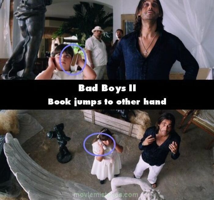 Scene from "Bad Boys II" showing a funny movie mistake with a book switching hands.