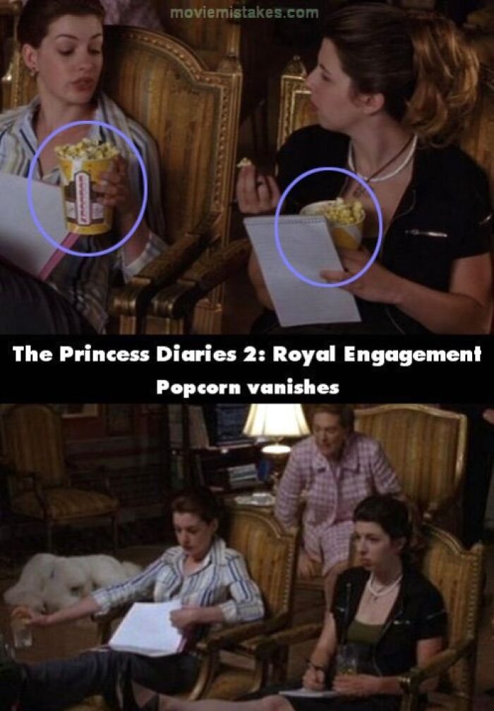 Two women in a movie scene with disappearing popcorn, highlighting funny movie mistakes in continuity.