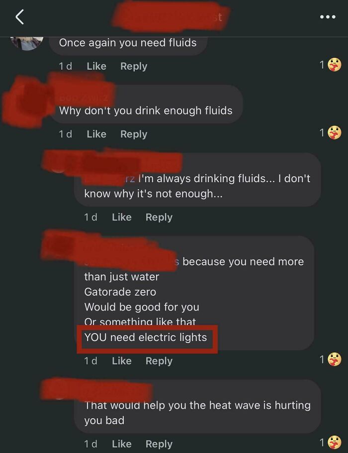 Chat exchange highlighting a statement about needing "electric lights" in response to drinking fluids, illustrating dumbest posts.