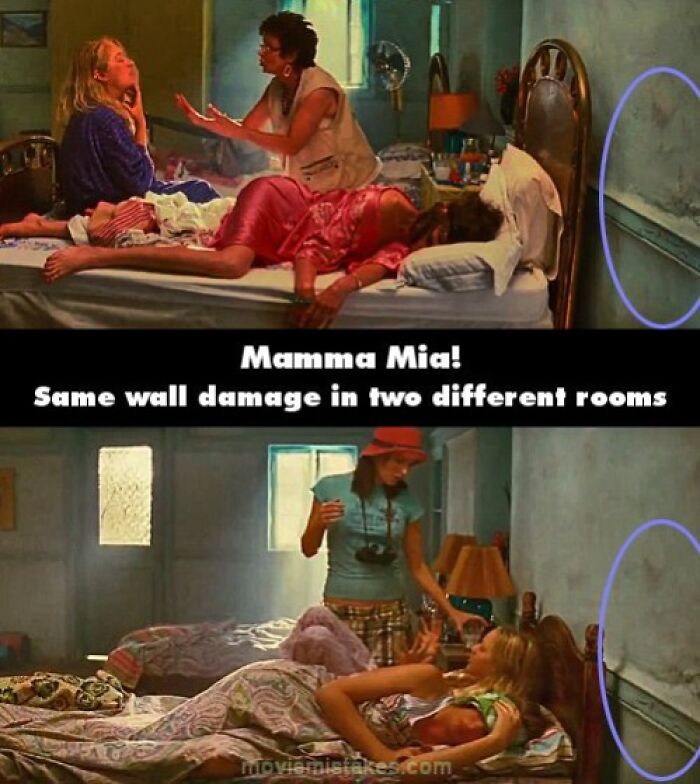 Movie scenes showing wall damage error in different rooms from Mamma Mia, highlighting a funny-movie-mistake.