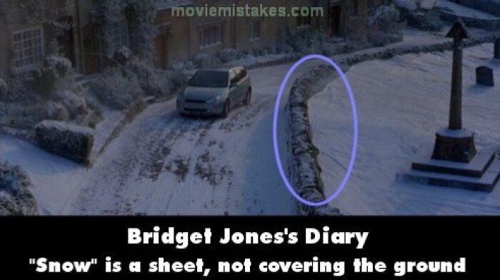 Mistake in Bridget Jones's Diary: visible sheet "snow" not covering the ground.