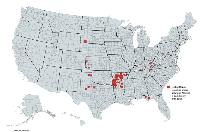 Map of the United States highlighting counties where alcohol sales are completely prohibited.