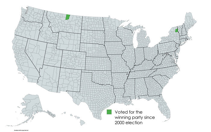 Map highlighting counties voting for the winning party since 2000.