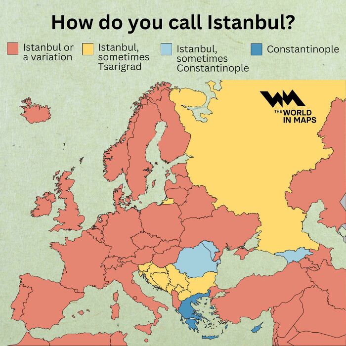 Map showing various names for Istanbul across European countries.