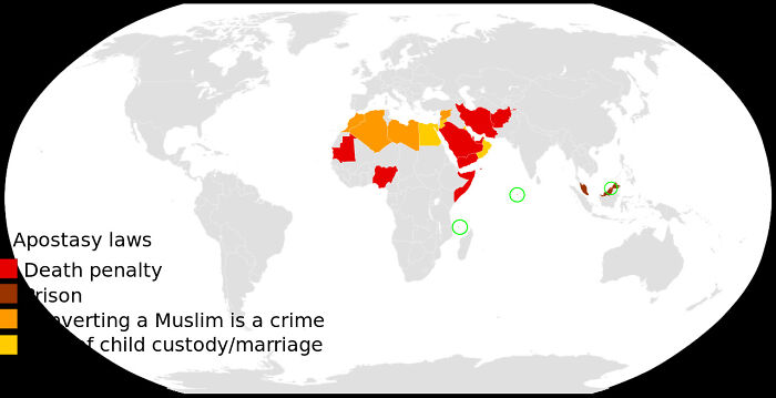 Map showcasing apostasy laws across different countries, highlighting regions with death penalty, prison, and other penalties.