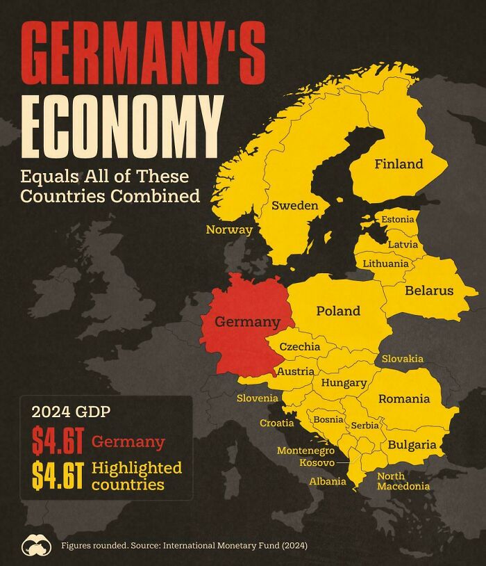Map comparing Germany's economy size with neighboring countries' combined GDP in 2024.