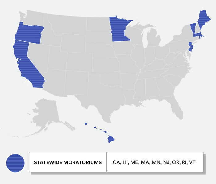 Map showing U.S. states with statewide moratoriums highlighted in blue.