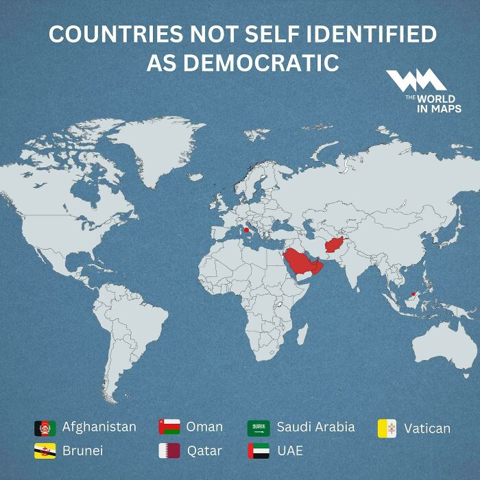 Map showing countries not self-identified as democratic, including Afghanistan, Brunei, and Saudi Arabia.