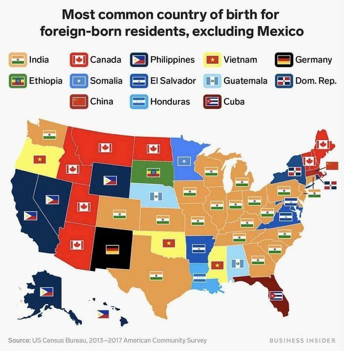 Map showing the most common country of birth for foreign-born residents by U.S. state, excluding Mexico.