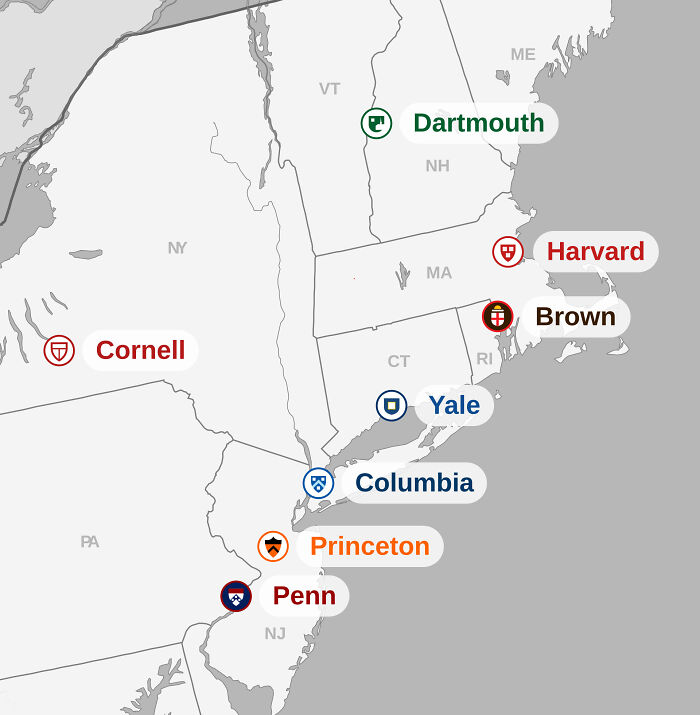 Map showing Ivy League universities in the northeastern United States.