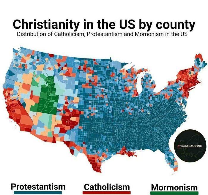 Map showing Christianity distribution by county in the US, highlighting Protestantism, Catholicism, and Mormonism.