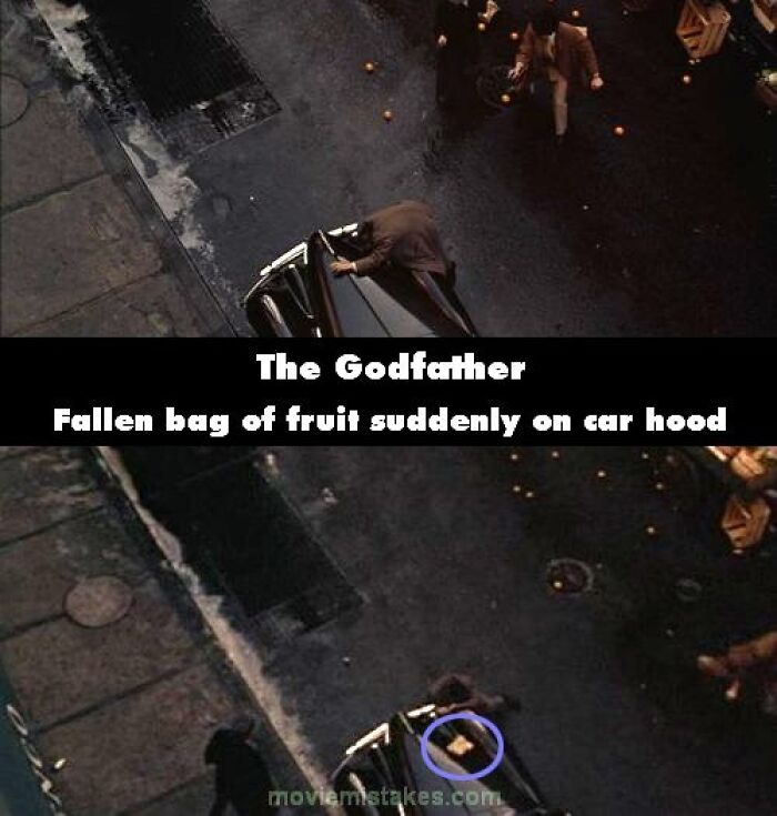 Funny movie mistake in "The Godfather" showing a bag of fruit that appears unexpectedly on a car hood.