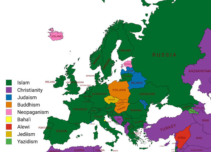Map of Europe showing predominant religions by country not typically seen in geography textbooks.