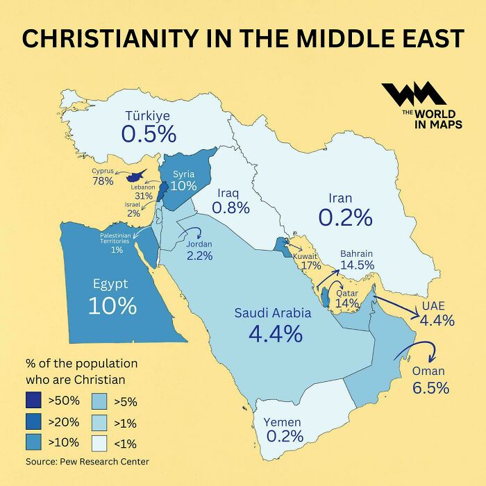 Map showing percentage of Christians in Middle Eastern countries including Egypt, Saudi Arabia, Iran, and others.