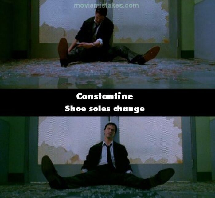 Scene from Constantine showing funny movie mistake with changing shoe soles.