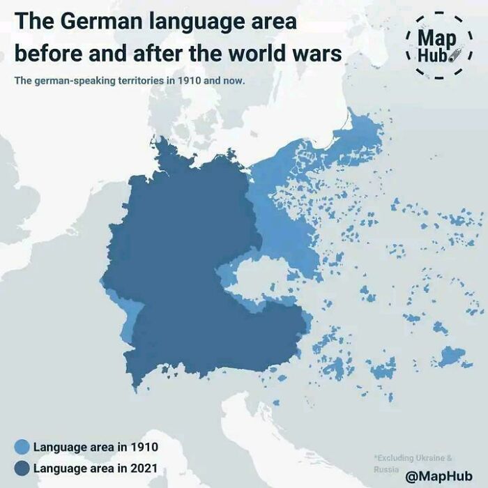 Map showing German language areas in 1910 and 2021, highlighting changes after the world wars.