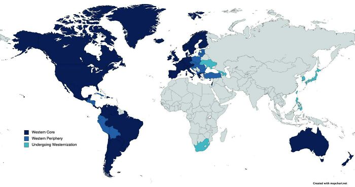 World map showing Western Core, Periphery, and Westernization regions, not in typical geography textbooks.
