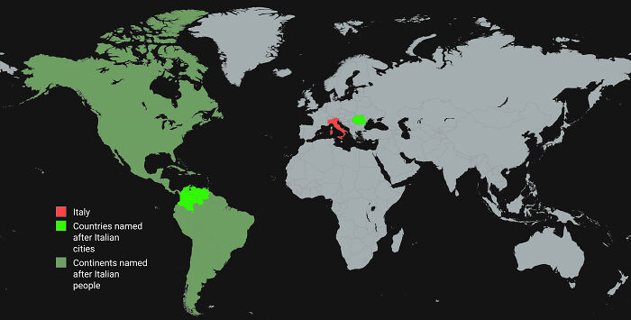 World map highlighting Italy and regions named after Italian cities and people in various shades of green and red.