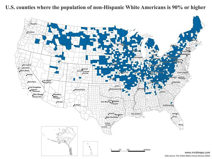 Map showing U.S. counties where non-Hispanic White population is 90% or higher, focusing on geography data.