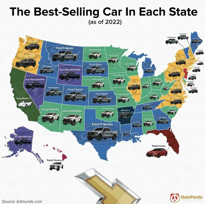 Map showing the best-selling cars in each U.S. state for 2022, highlighting various popular models across the country.
