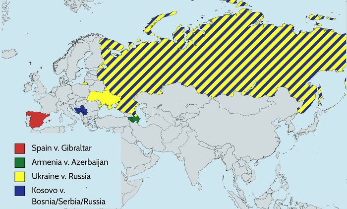 Map showing territorial disputes in Europe and Asia with colored sections indicating Spain, Armenia, Ukraine, and Kosovo regions.