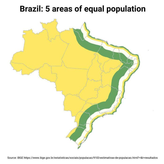 Map of Brazil showing five areas with equal population distribution.