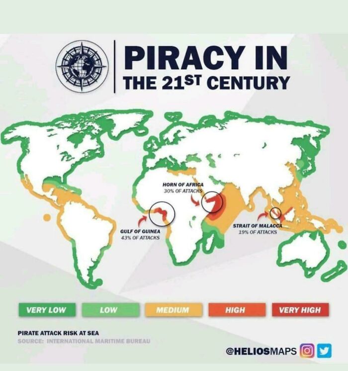 Map showing piracy risk in the 21st century, highlighting high-risk areas like Gulf of Guinea and Horn of Africa.