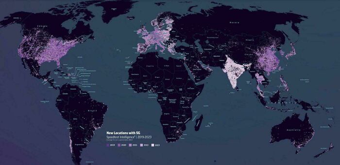 Global map showing new 5G locations as of 2023, highlighting areas not typically found in geography textbooks.