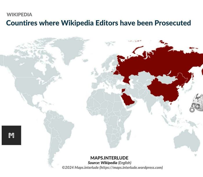 Map highlighting countries where Wikipedia editors have faced prosecution, showing areas in red.