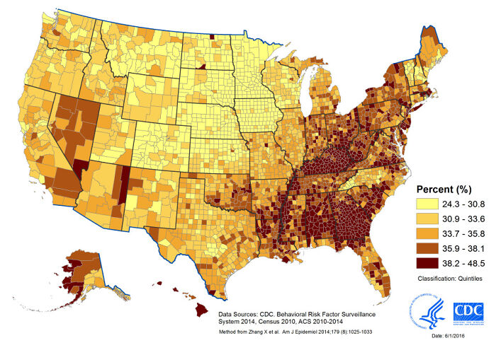 Map of the United States showing obesity prevalence by county with color-coded percentages.