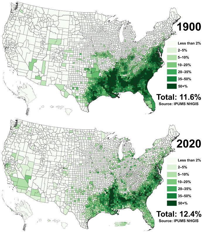 Geography maps showing U.S. population distribution in 1900 and 2020, with varying green shades indicating density percentages.