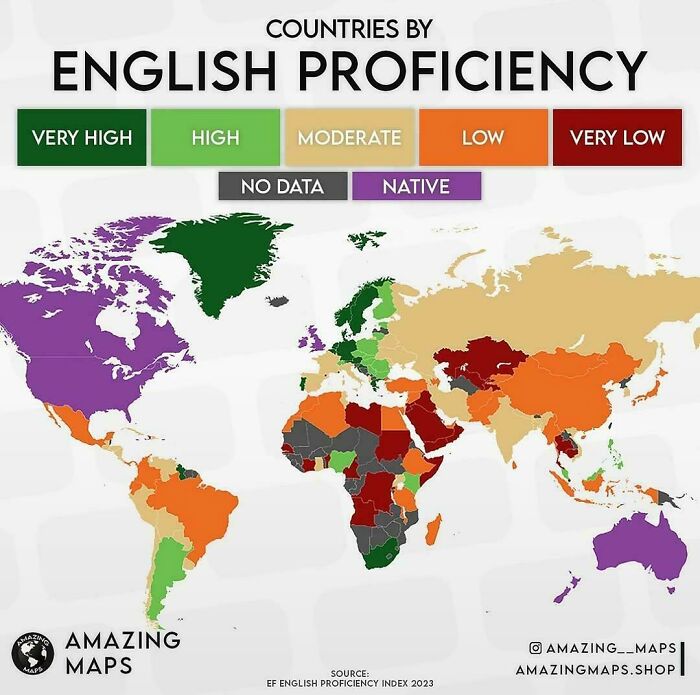 World map showing countries by English proficiency levels, with color-coded categories from very high to very low.