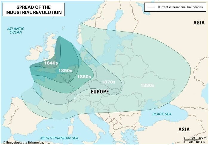 Map showing the spread of the Industrial Revolution across Europe from the 1840s to 1880s.