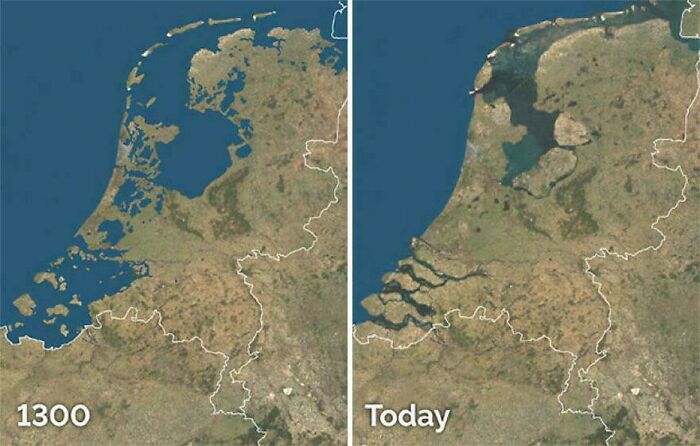 Comparison of maps showing the Netherlands in 1300 and today, highlighting geographical changes over time.