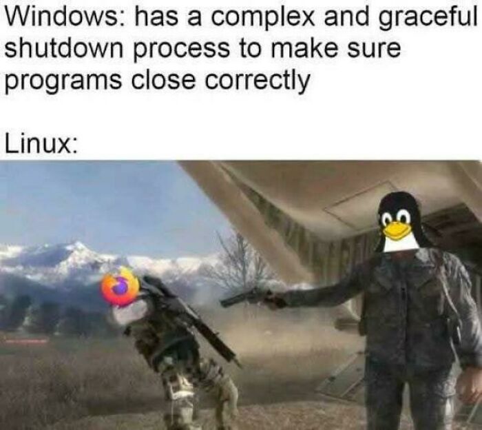 Linux meme for programmers showing penguin and Firefox logo in humorous shutdown scenario.