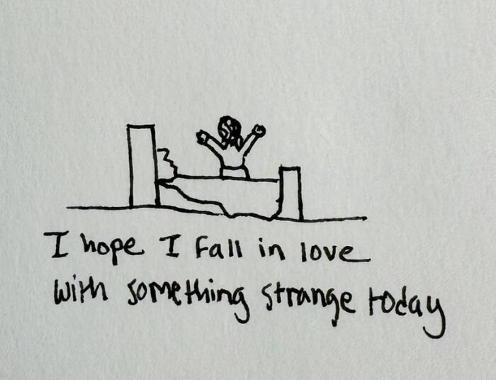 Hand-drawn reminder that being human is messy, featuring a person jumping from a bed with the text about falling in love.