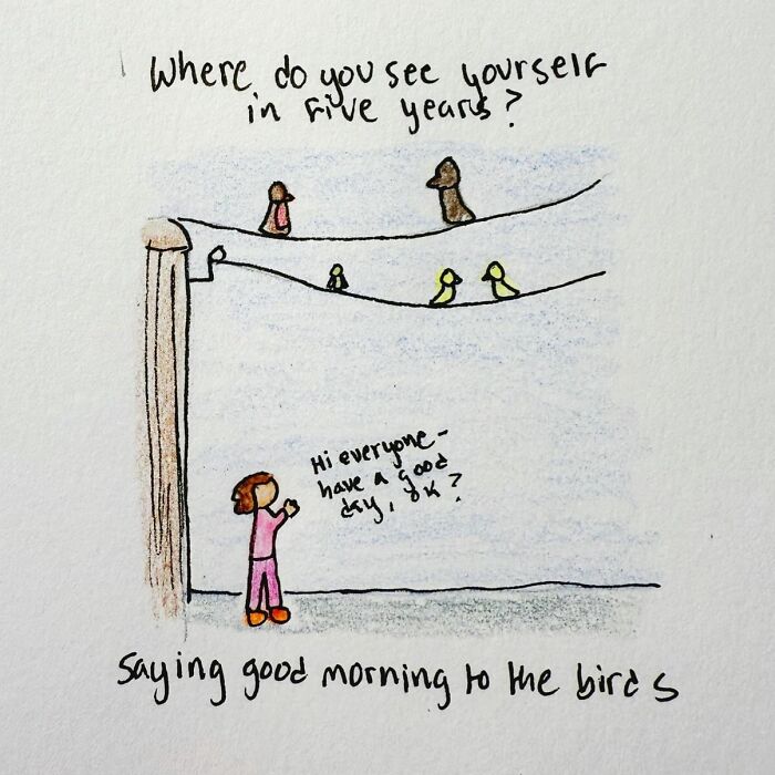 Hand-drawn reminder showing a person greeting birds, illustrating human messiness and acceptance.