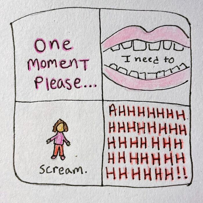Hand-drawn comic showing a humorous and messy human moment with a need to scream.