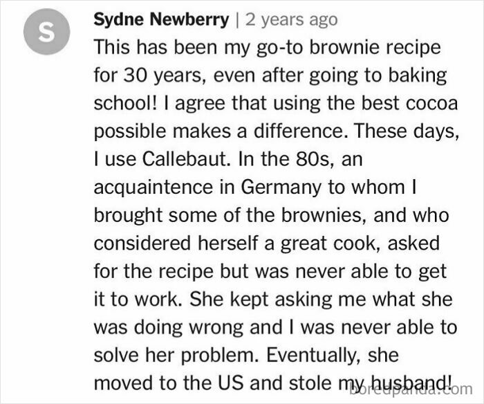 Comment detailing a brownie recipe saga, highlighting unhinged cooking experiences and ending with a humorous twist.