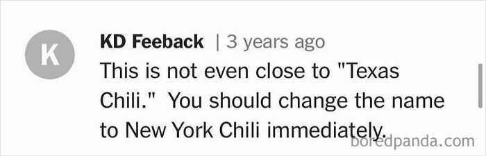 Comment critiques recipe title, suggesting "New York Chili" instead of "Texas Chili" as part of unhinged cooking feedback.
