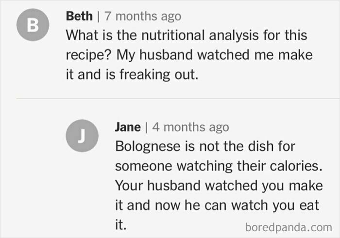 Comments on cooking and recipe analysis, with humor about nutritional analysis and calorie concerns in making bolognese.