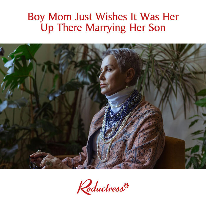 Woman with short gray hair and layered pearl necklaces, featured in funny fake article headlines from Reductress.