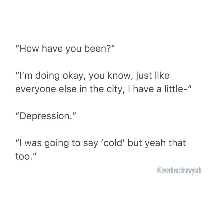 Text conversation showing a wild NYC conversation about depression and cold in a casual city setting.