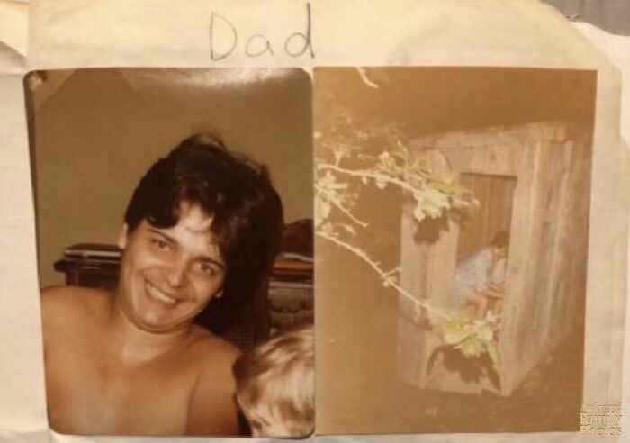 Vintage awkward family photo collage showing a shirtless man smiling and a child in an outdoor wooden structure.