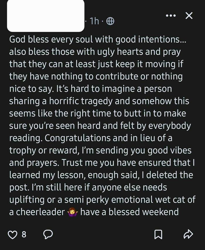 Screenshot of a wild neighbor app post expressing thoughts on good intentions and dealing with negative comments.